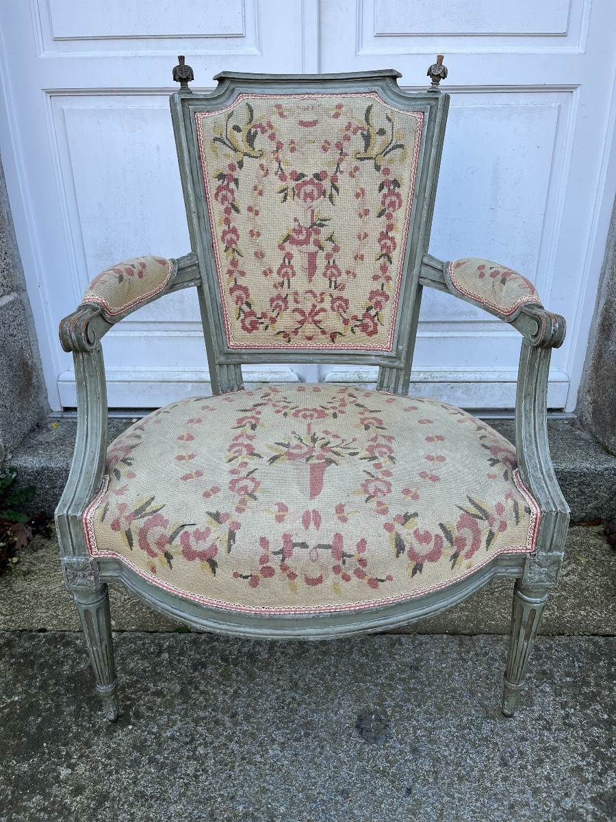 Suite de quatre fauteuils d’époque Louis XVI laqués -photo-3