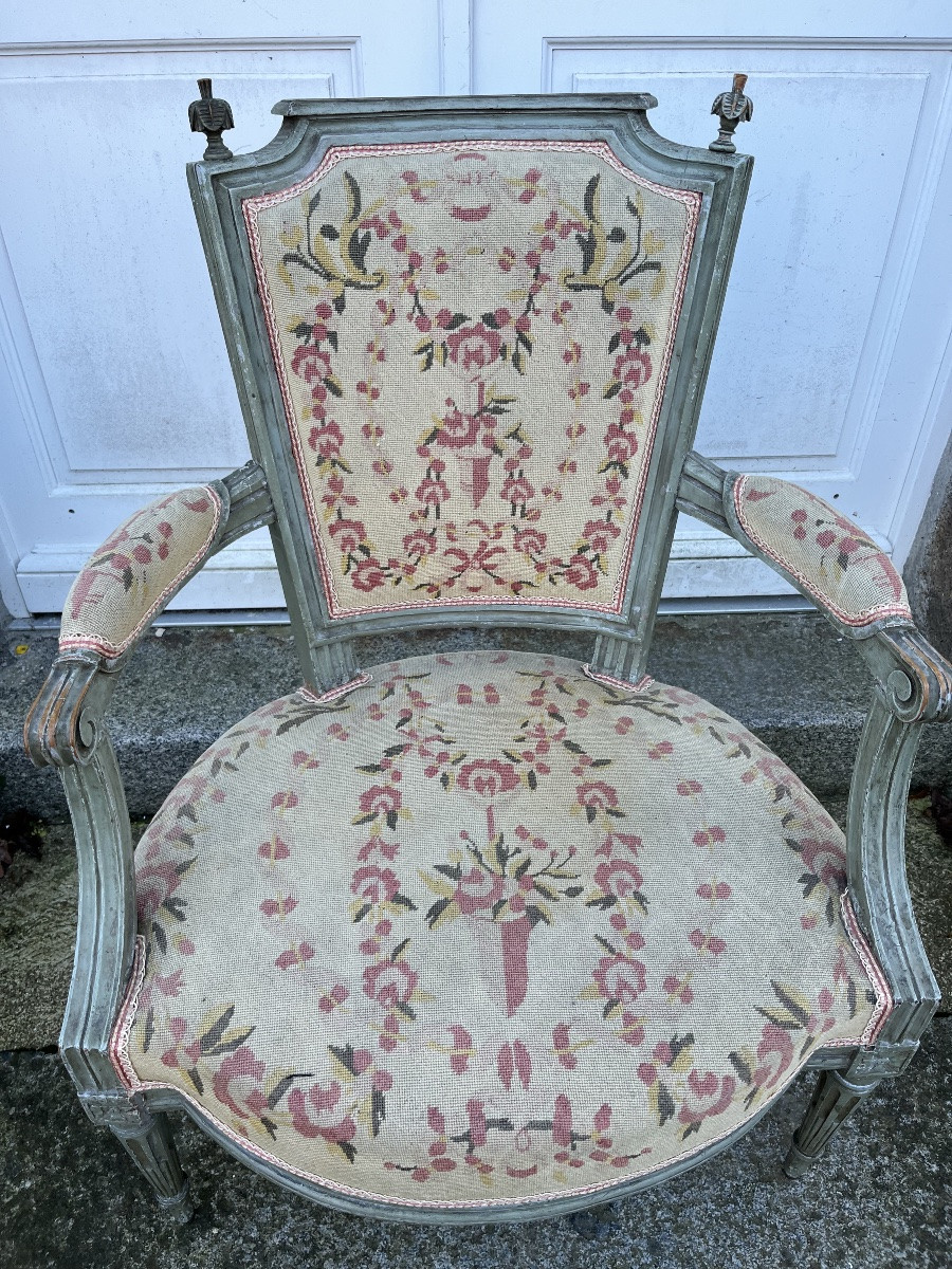 Suite de quatre fauteuils d’époque Louis XVI laqués -photo-3
