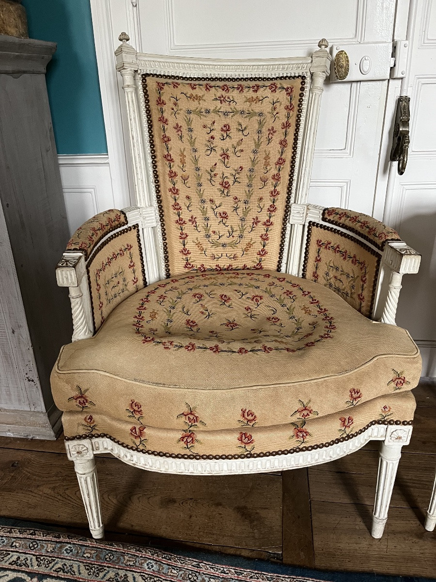 Paire de Bergères d’époque Louis XVI laquées -photo-2
