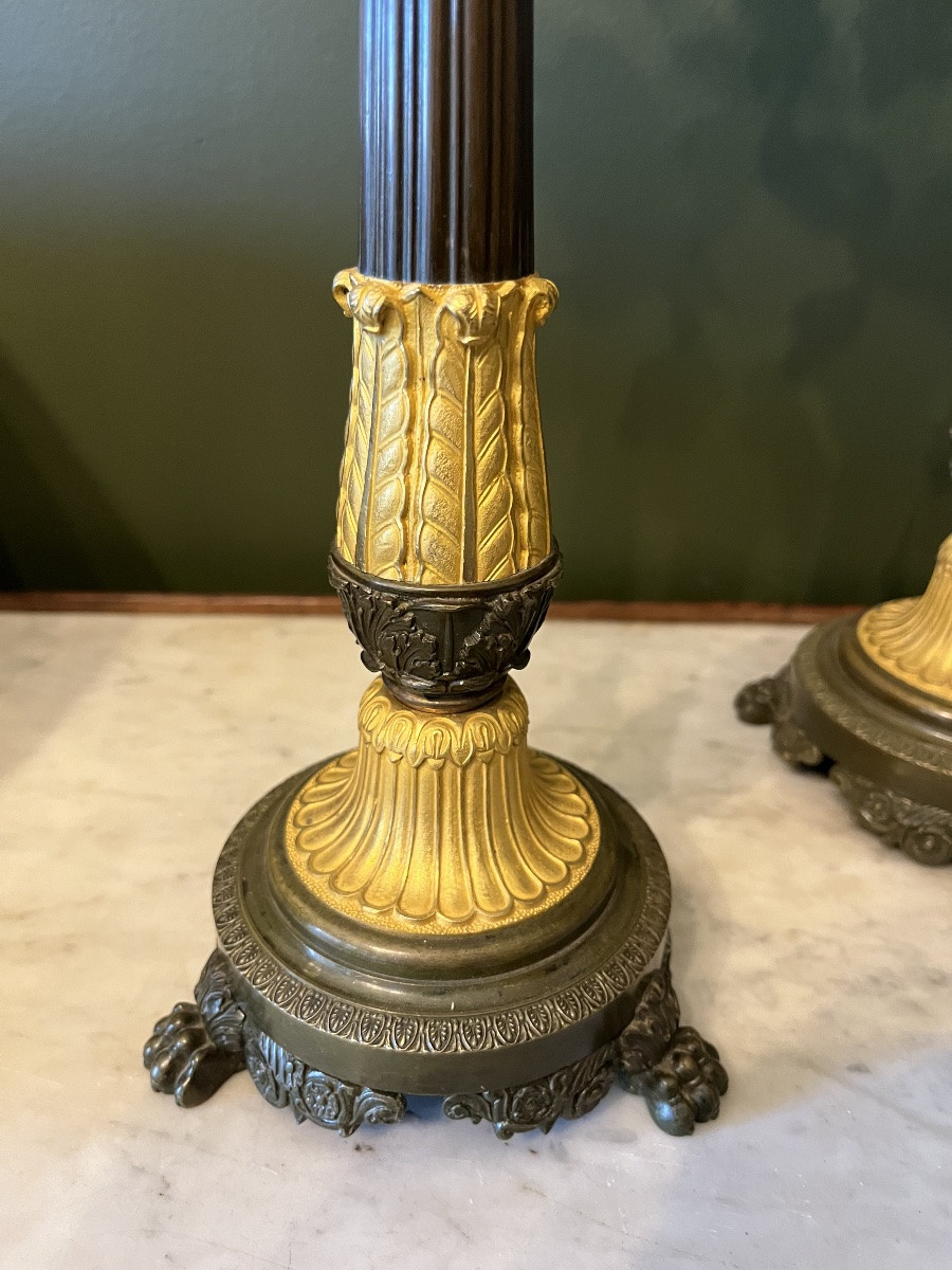 Paire de Candélabres d’époque Restauration en bronze à deux patines-photo-2