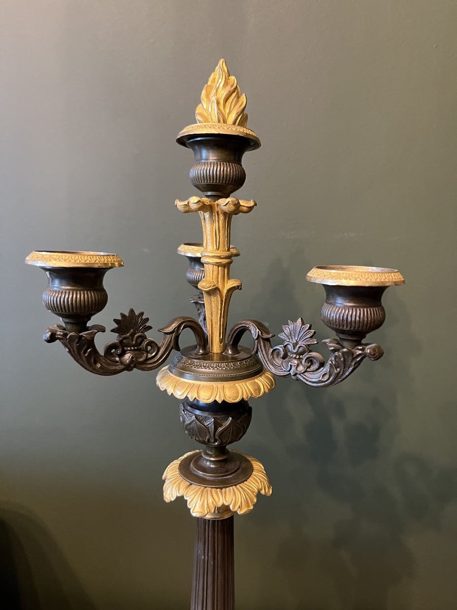 Paire de Candélabres d’époque Restauration en bronze à deux patines-photo-3