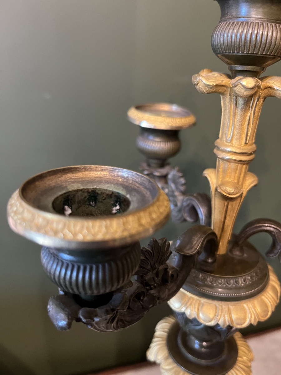 Paire de Candélabres d’époque Restauration en bronze à deux patines-photo-2