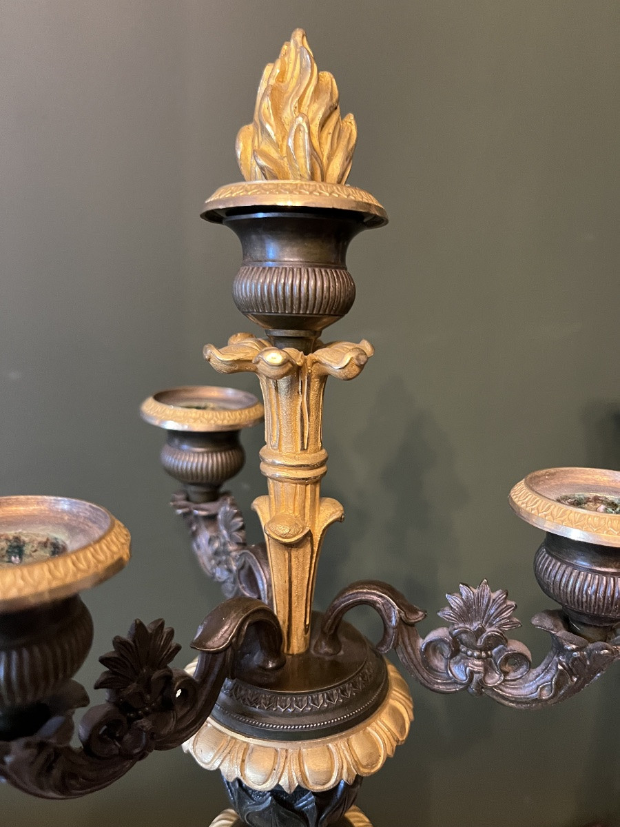Paire de Candélabres d’époque Restauration en bronze à deux patines-photo-3