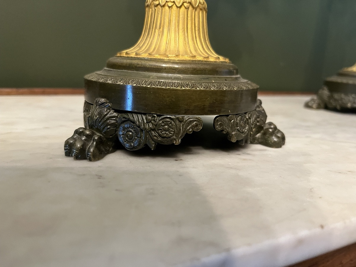 Paire de Candélabres d’époque Restauration en bronze à deux patines-photo-4