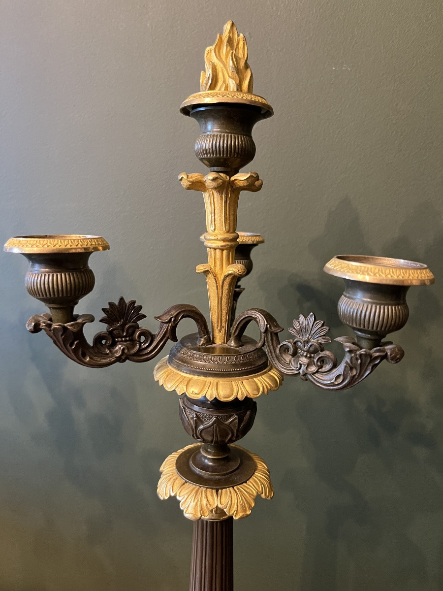 Paire de Candélabres d’époque Restauration en bronze à deux patines-photo-6
