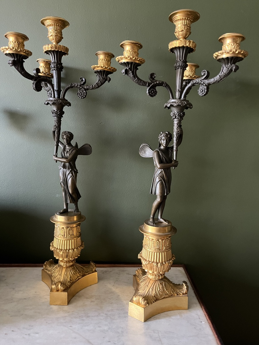 Pair Of Restoration Period Bronze Candelabra With Double Patina 