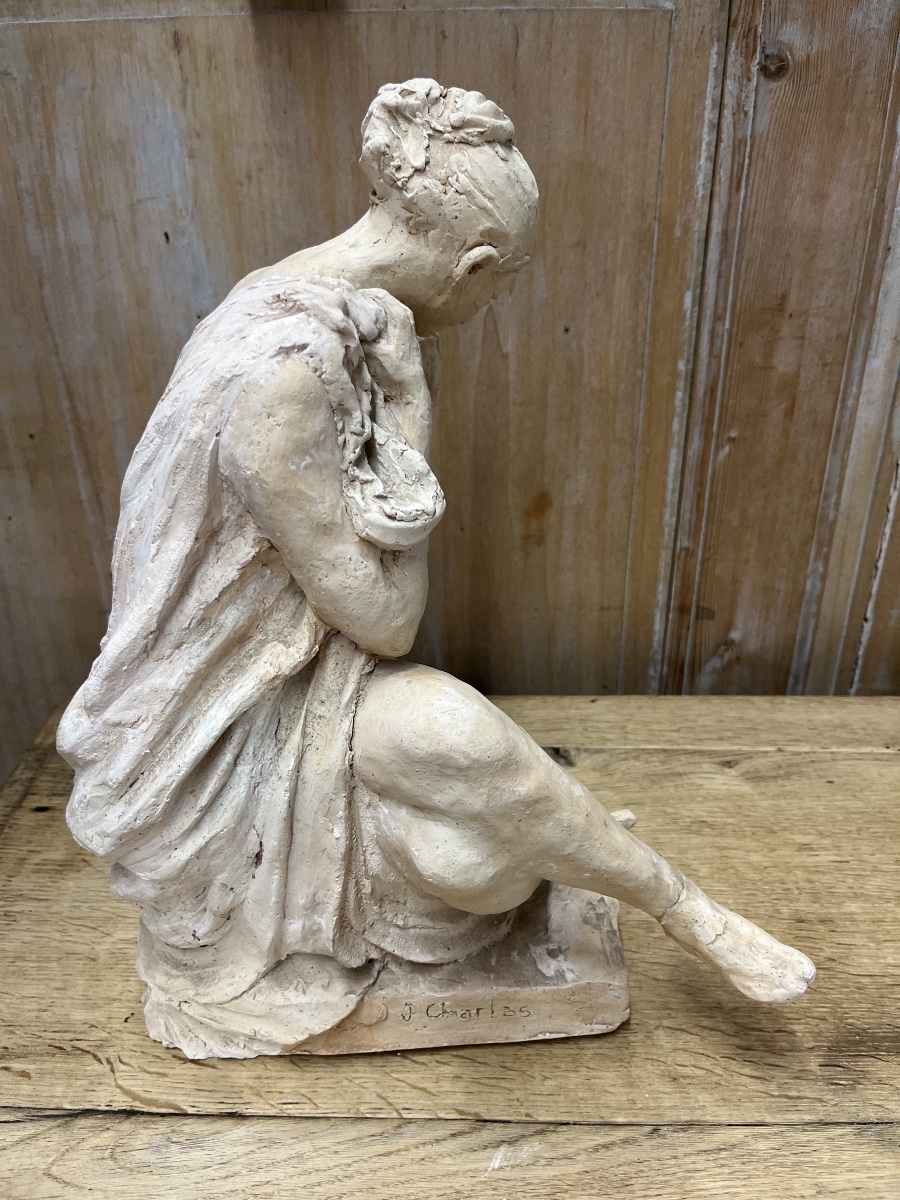 Original Sculpture *seated Woman* By J. Charlas, 20th Century-photo-2