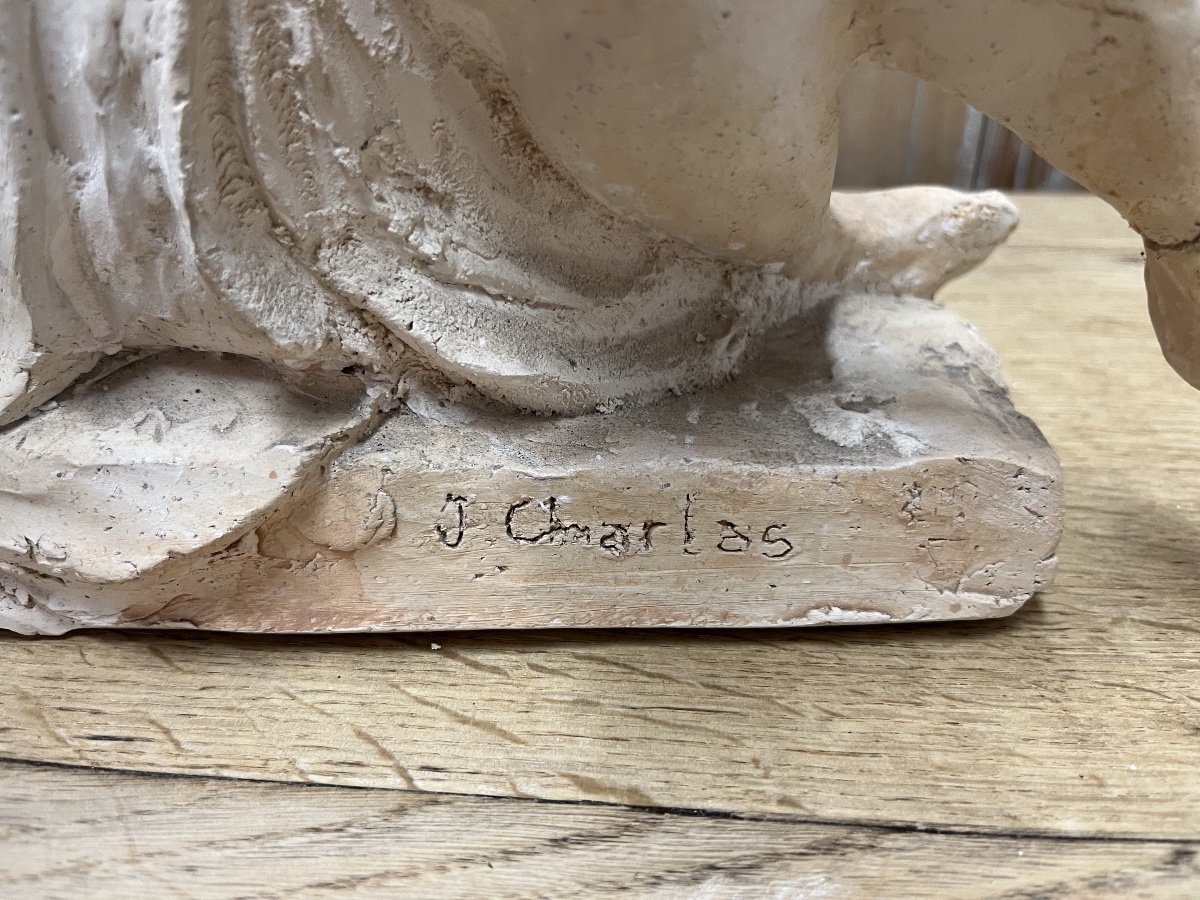 Original Sculpture *seated Woman* By J. Charlas, 20th Century-photo-4