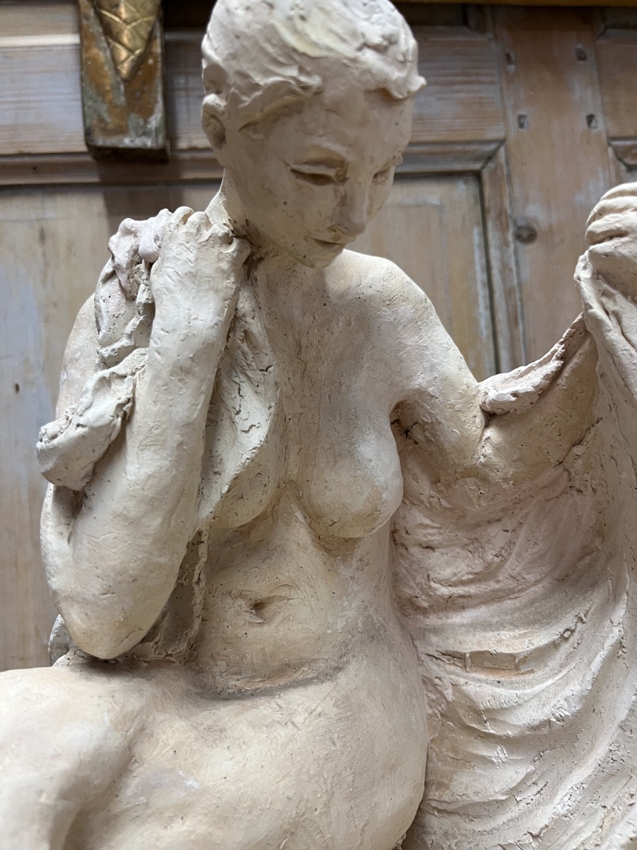 Original Sculpture *seated Woman* By J. Charlas, 20th Century-photo-1