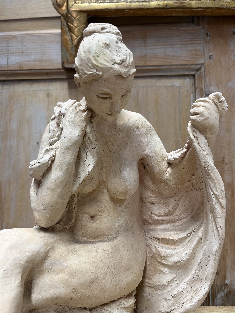 Original Sculpture *seated Woman* By J. Charlas, 20th Century-photo-2