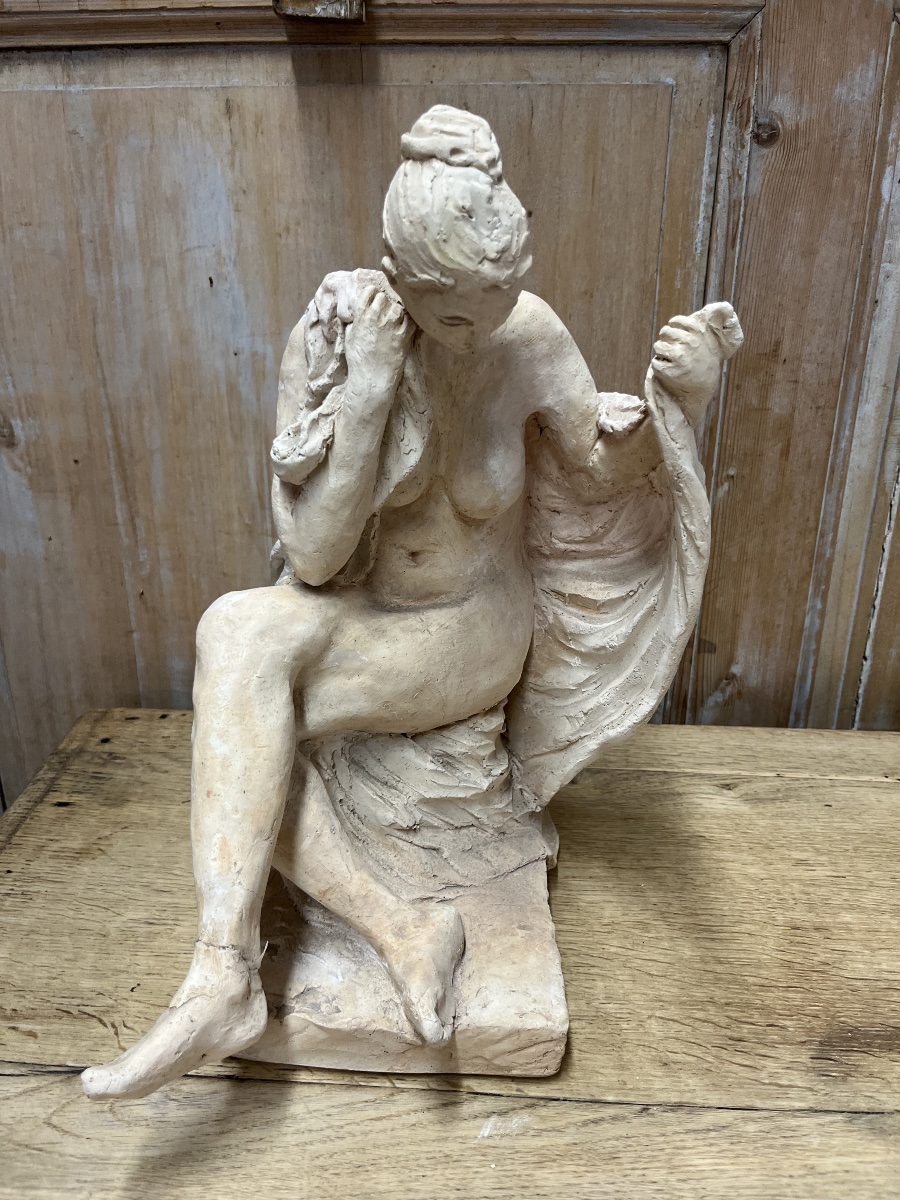 Original Sculpture *seated Woman* By J. Charlas, 20th Century