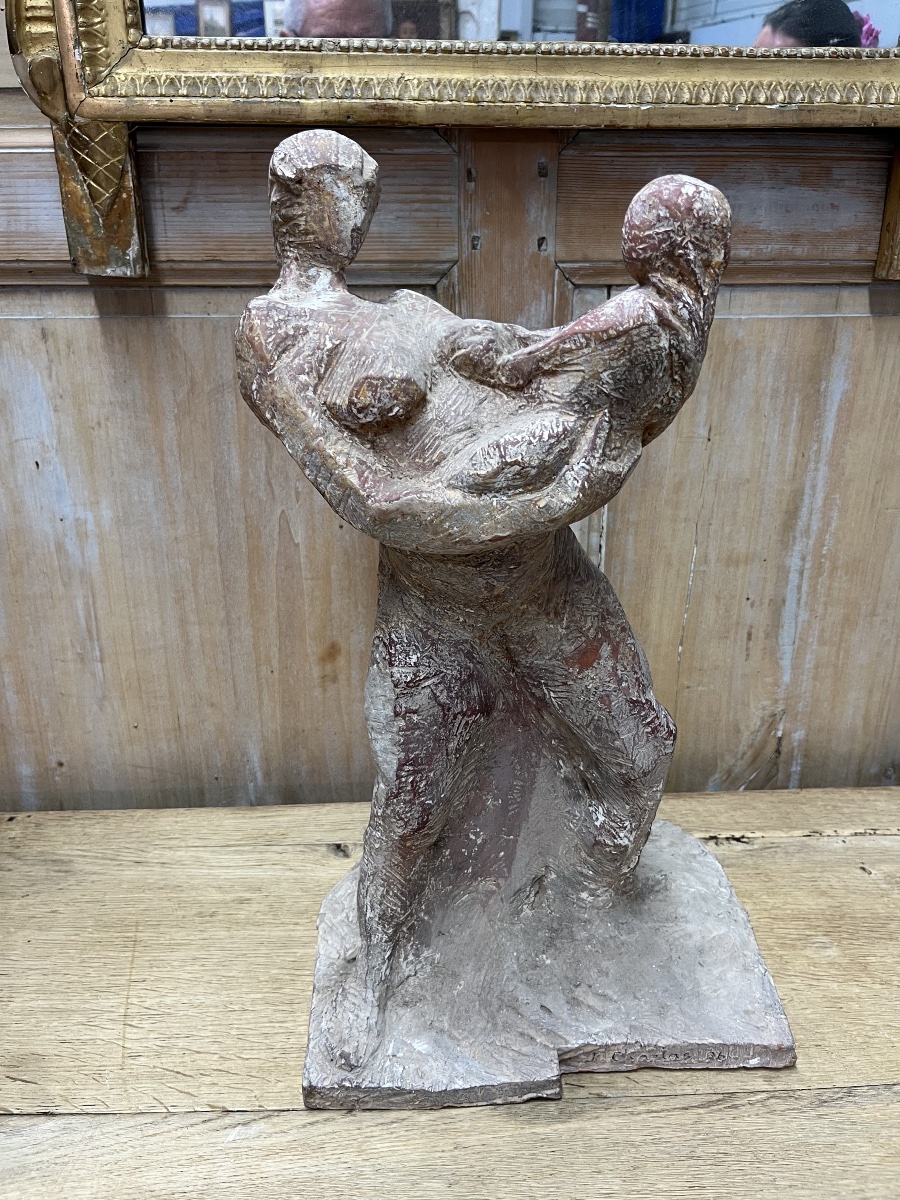 Sculpture d’une maternité en terre cuite de J Charlas , datée de 1986-photo-2