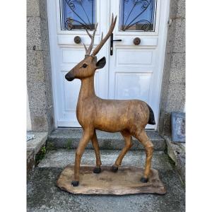Sculpture d’un chevreuil de taille réelle en noyer du XXe