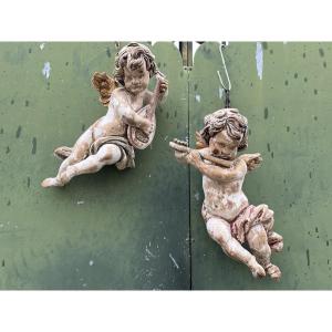 Pair Of 19th Century Painted Wooden Cherubs