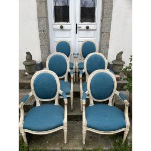 Suite Of Six Louis XVI Period Cabriolets In Relacquered Beechwood