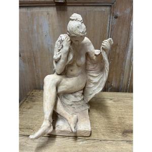 Original Sculpture *seated Woman* By J. Charlas, 20th Century