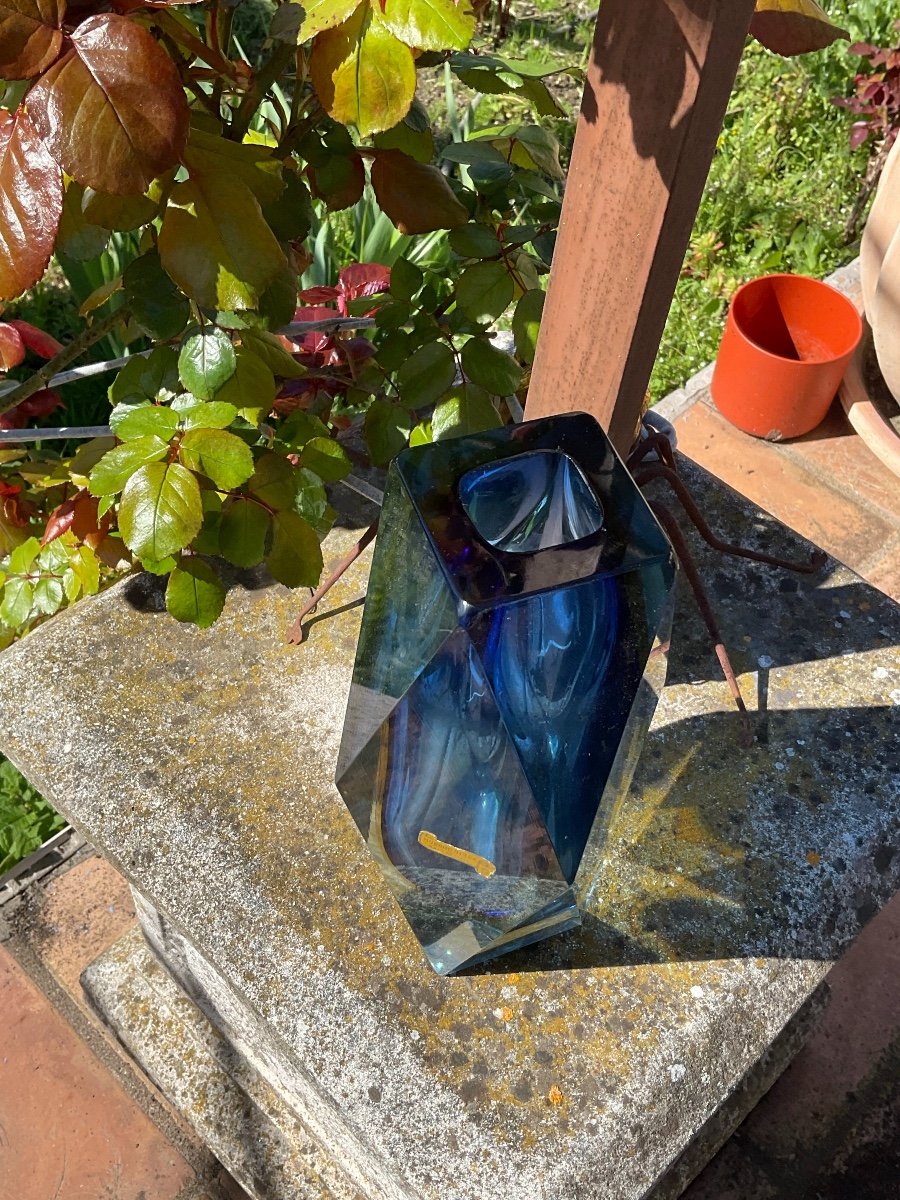 Vase Sommerso Bleu Et Jaune De Flávio Poli à Murano -photo-3