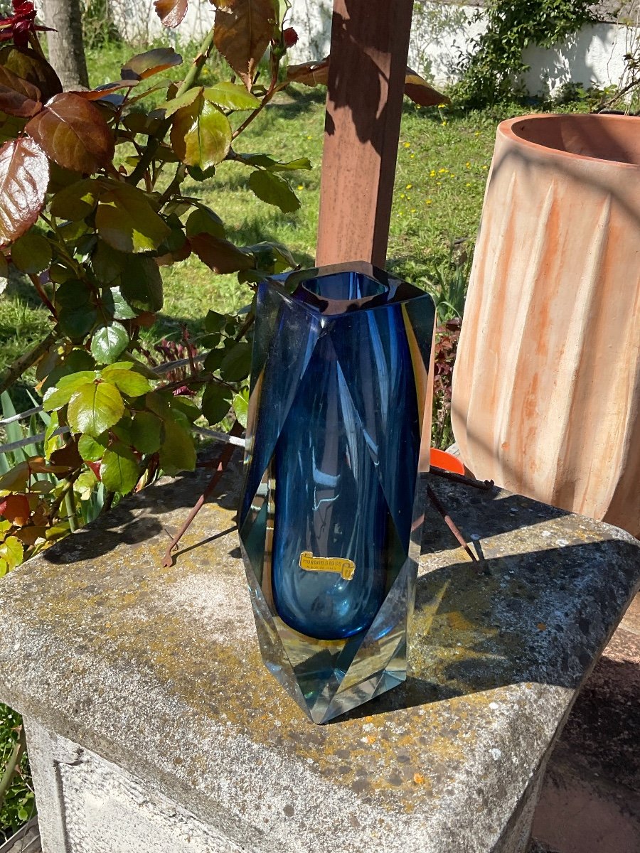 Vase Sommerso Bleu Et Jaune De Flávio Poli à Murano -photo-4