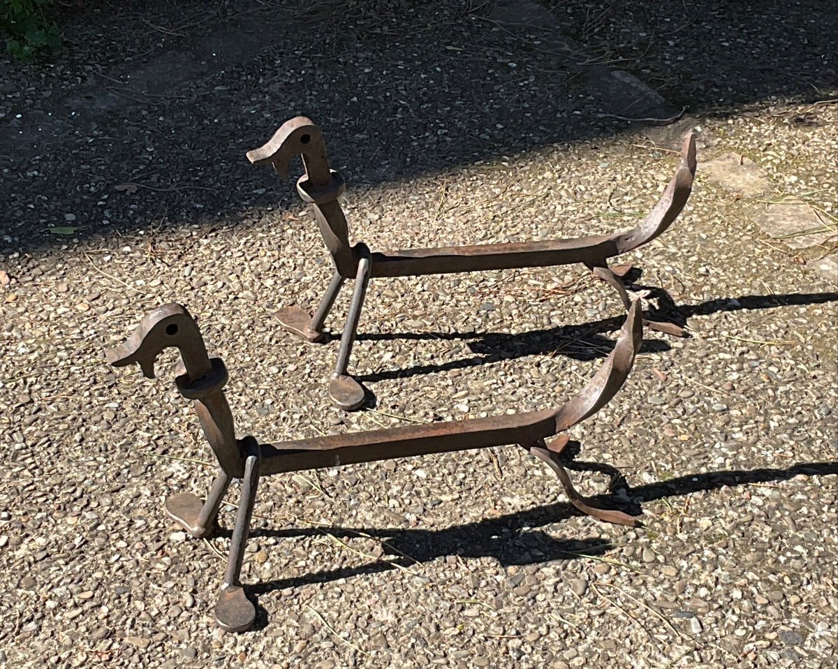 Pair Of Zoomorphic Andirons In Wrought Iron Circa 1950