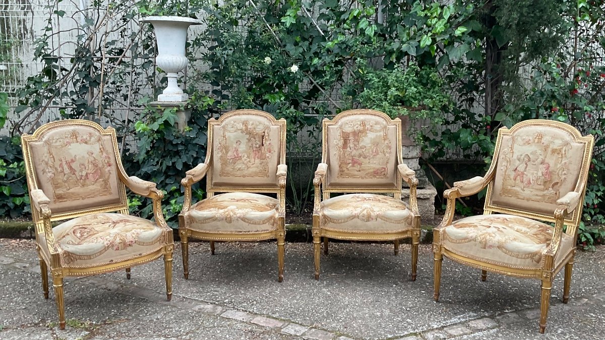 4 Louis XVI Armchairs With Flat Backs From The Napoleon III Period 