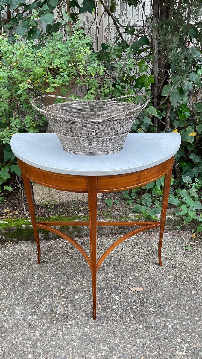 Large Fruit Basket Or Centerpiece In Woven Silver Metal -photo-2