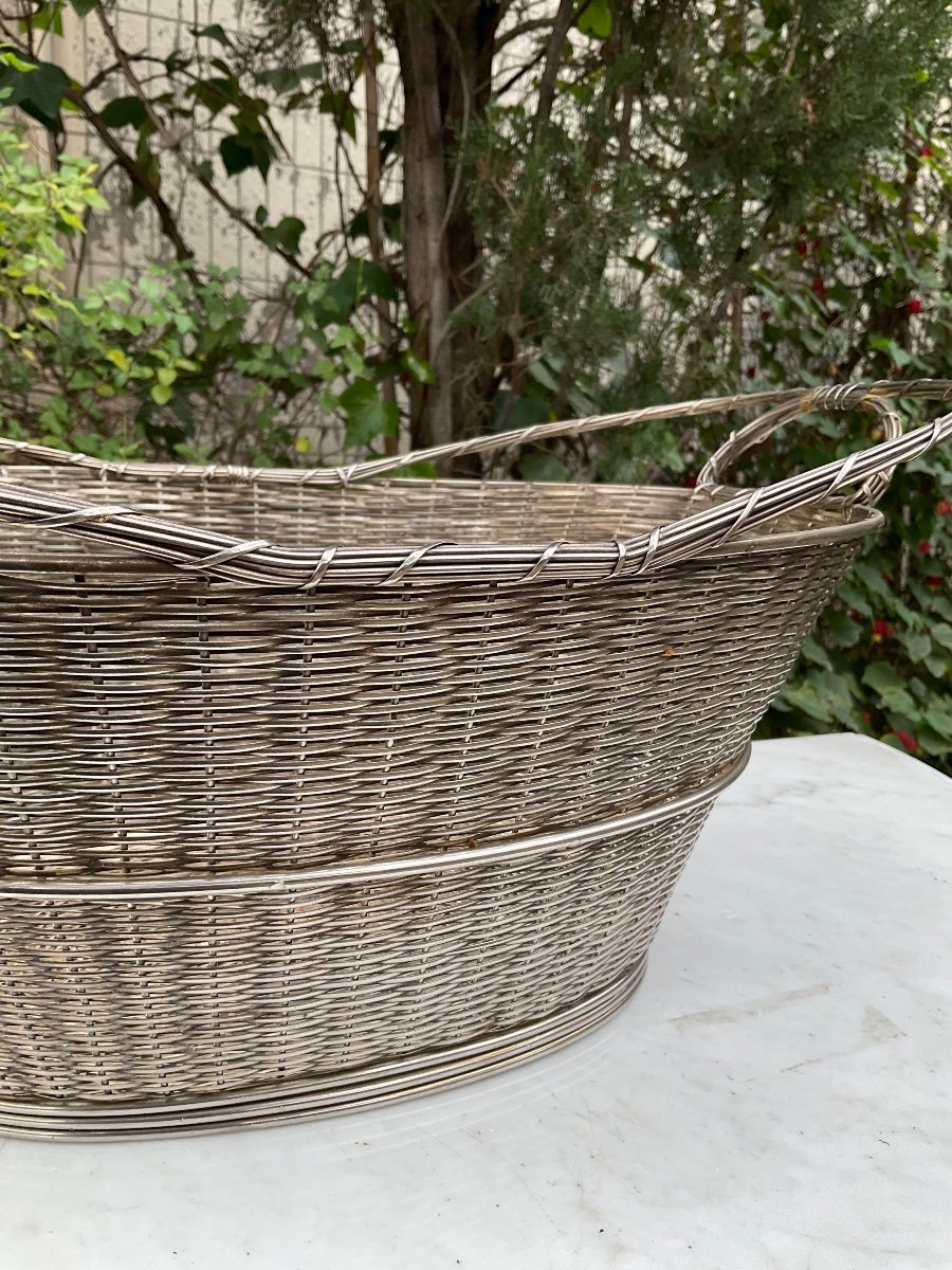 Large Fruit Basket Or Centerpiece In Woven Silver Metal -photo-6