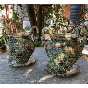 Pair Of Hidden Glazed Terracotta Pots Around 1900