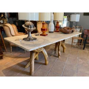 Brutalist Table Circa 1970 With Travertine Top