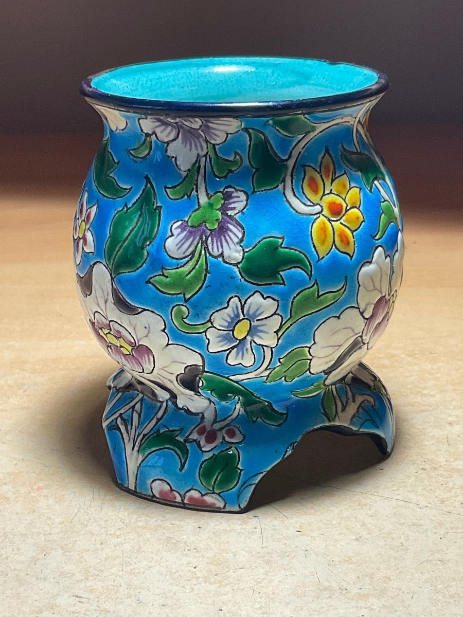 Small Pot-bellied Vase In Polychrome Earthenware With Longwy Enamels 19th Floral Decor On A Blue Background.-photo-3