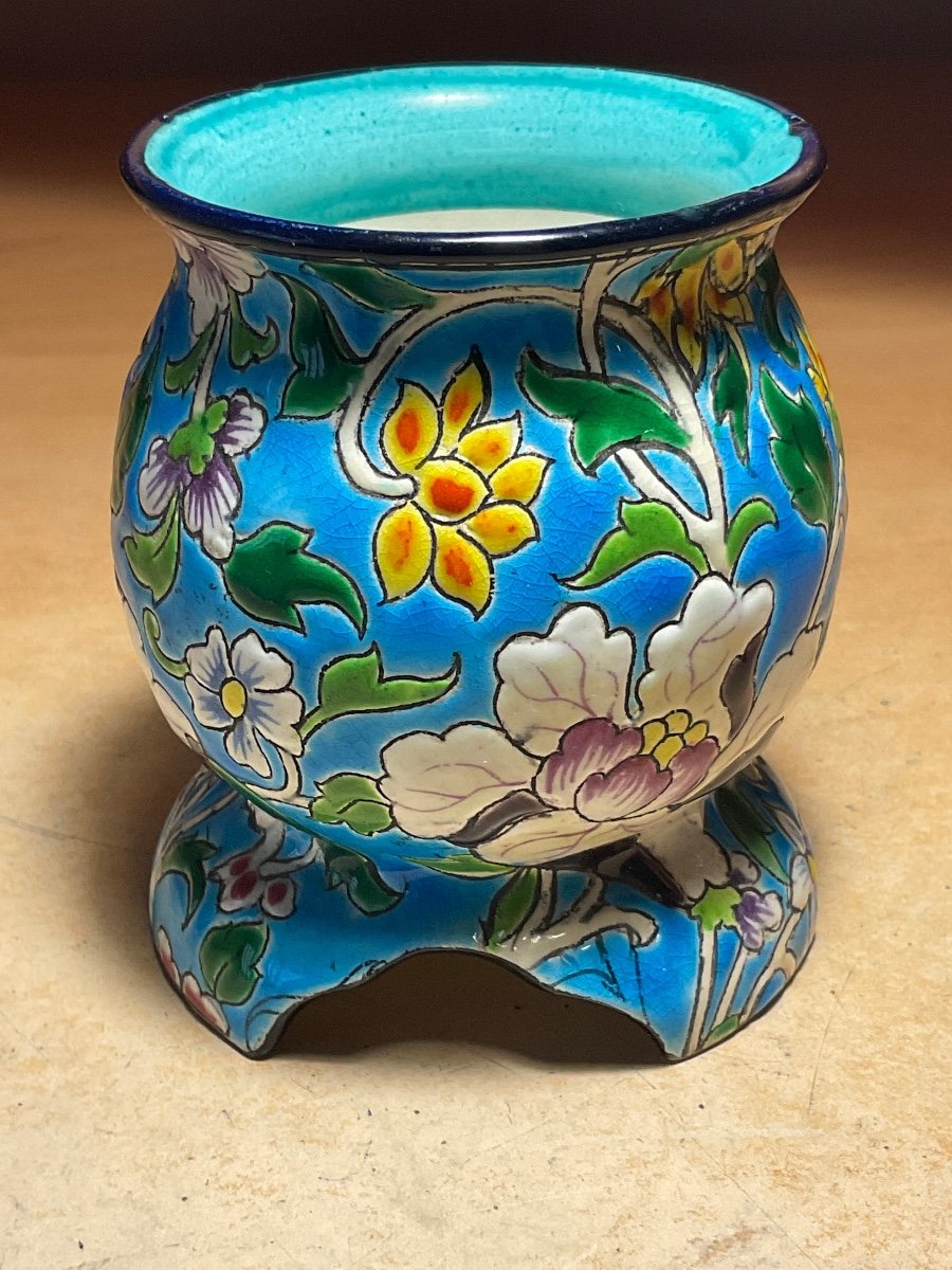 Small Pot-bellied Vase In Polychrome Earthenware With Longwy Enamels 19th Floral Decor On A Blue Background.-photo-2