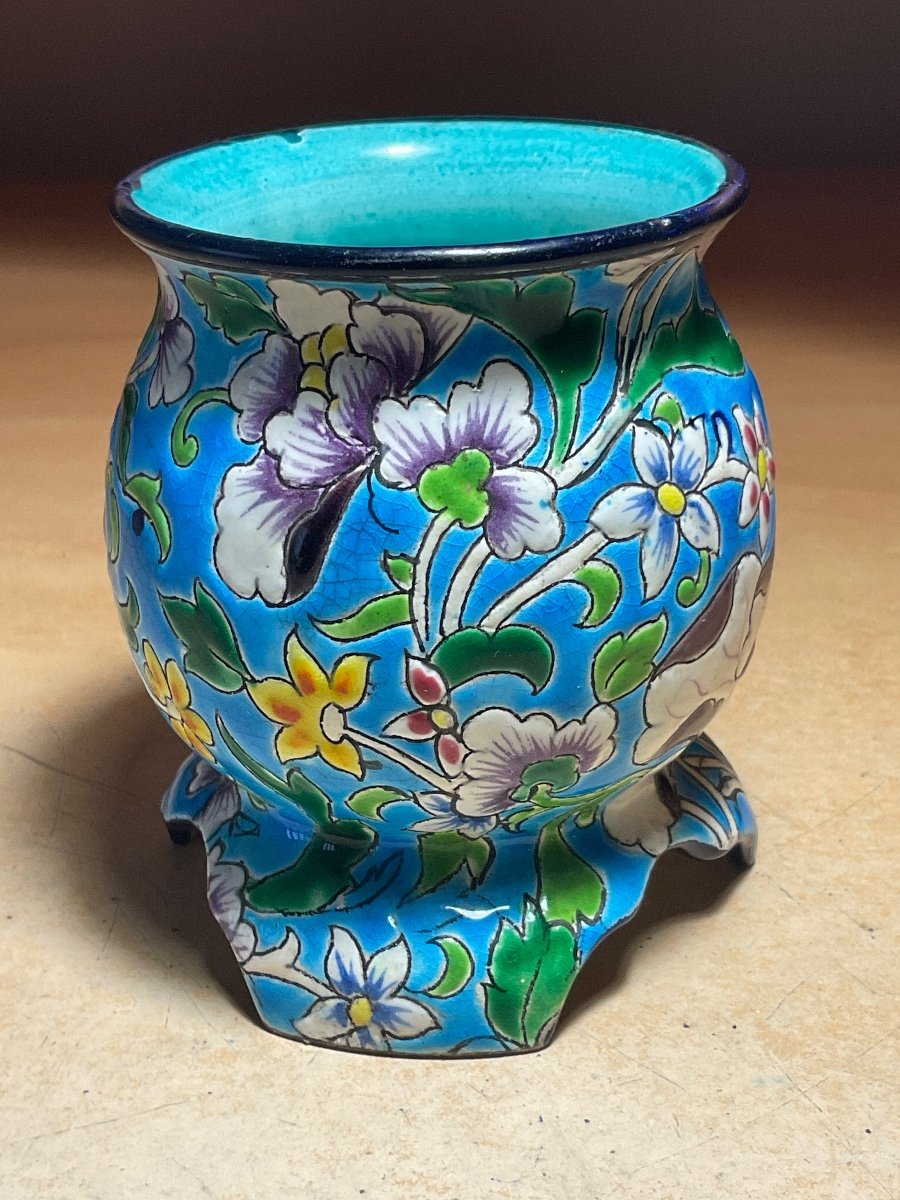 Small Pot-bellied Vase In Polychrome Earthenware With Longwy Enamels 19th Floral Decor On A Blue Background.-photo-4