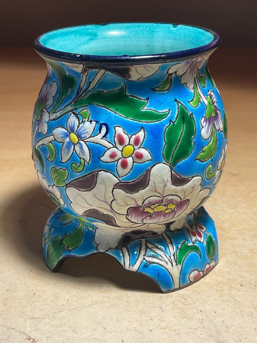 Small Pot-bellied Vase In Polychrome Earthenware With Longwy Enamels 19th Floral Decor On A Blue Background.-photo-5