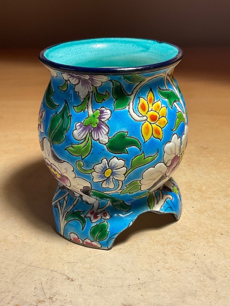 Small Pot-bellied Vase In Polychrome Earthenware With Longwy Enamels 19th Floral Decor On A Blue Background.-photo-6