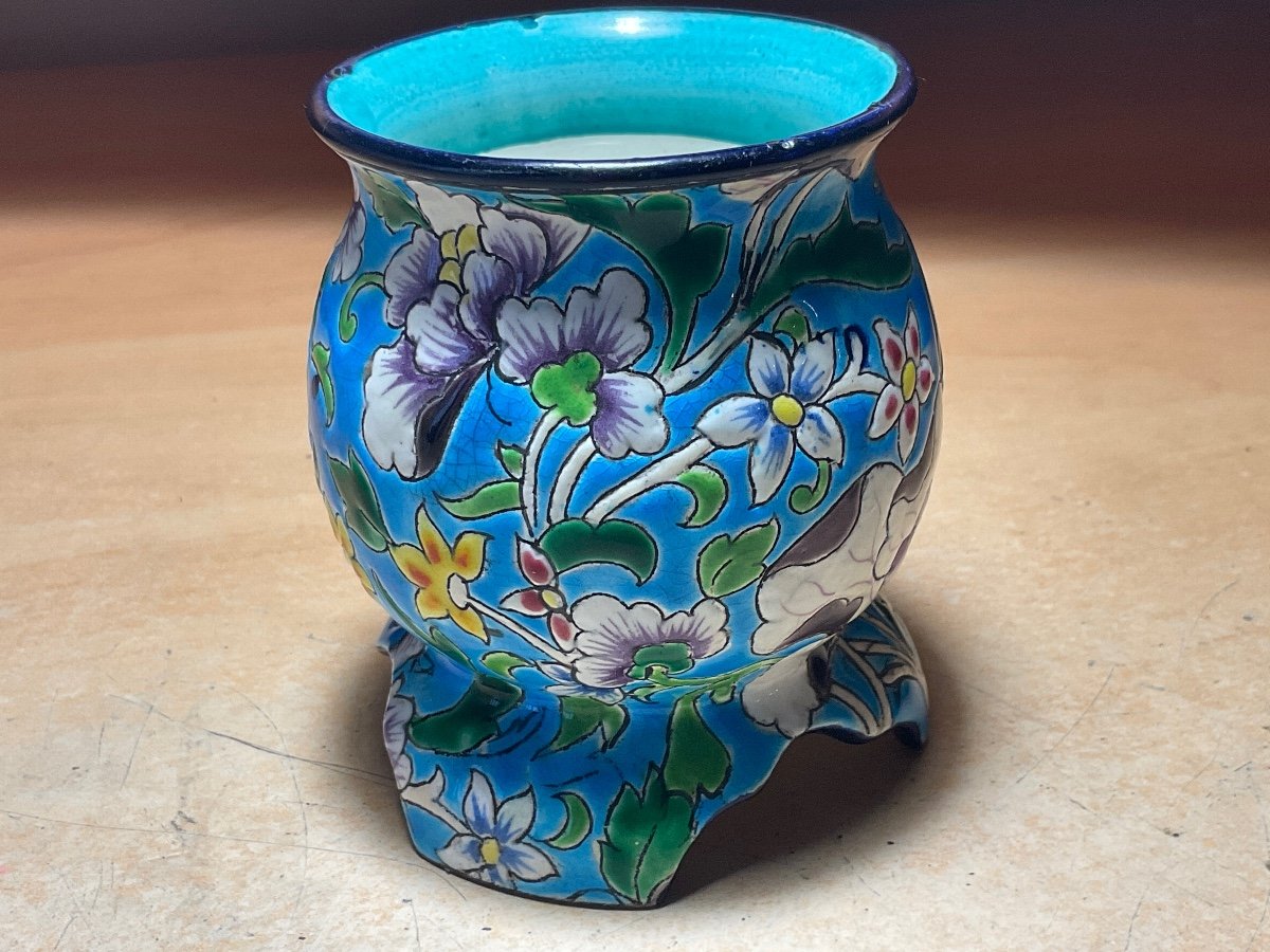 Small Pot-bellied Vase In Polychrome Earthenware With Longwy Enamels 19th Floral Decor On A Blue Background.