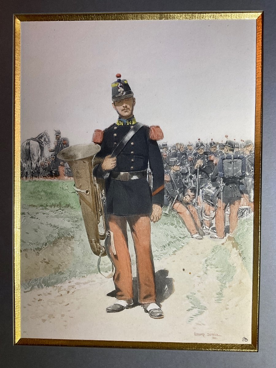 Gravure Polychrome Rehaussée D’aquarelle Représentant Un Musicien D’infanterie De Ligne Signé Édouard Detaille.-photo-1