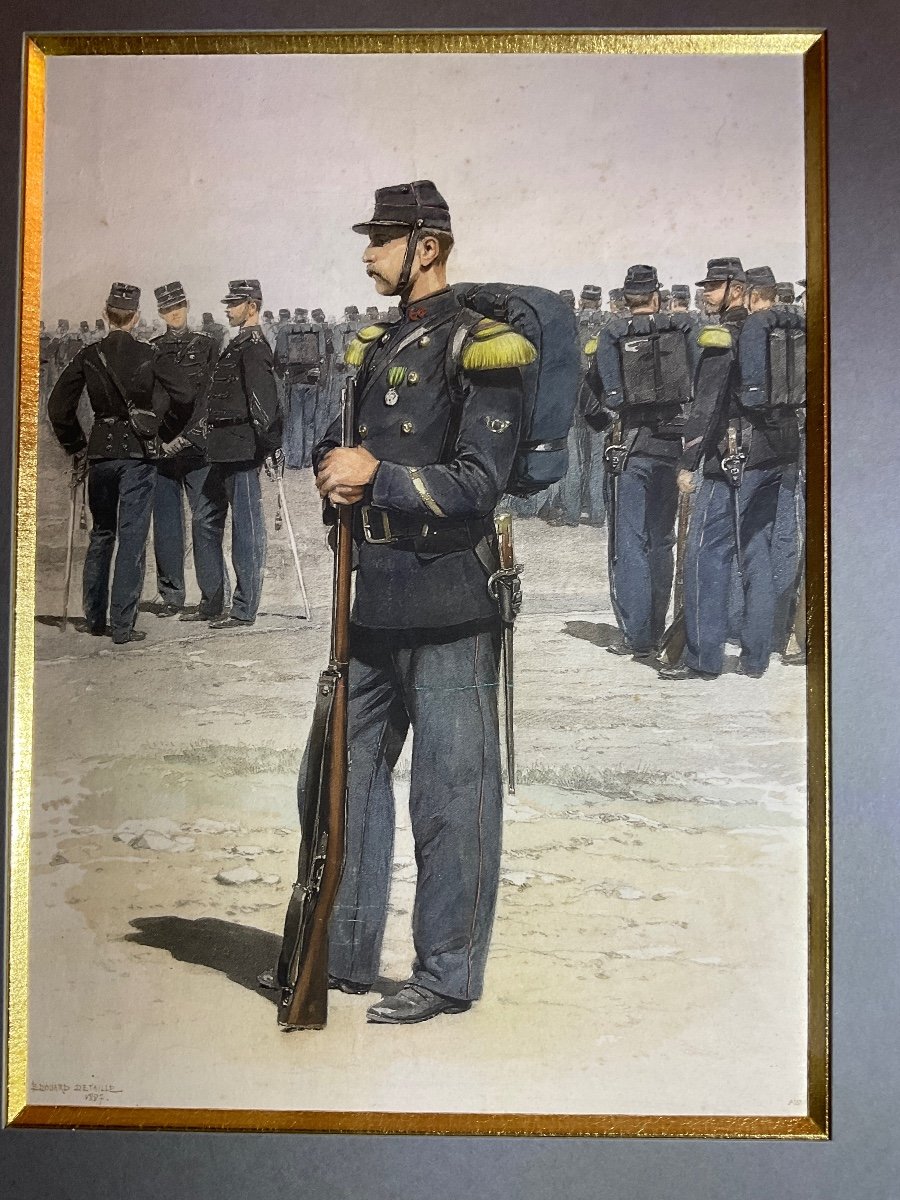 Gravure Polychrome Rehaussée D’aquarelle Représentant Un Marin de l’infanterie de Marine Grande Tenue Signé Édouard Detaille.-photo-3