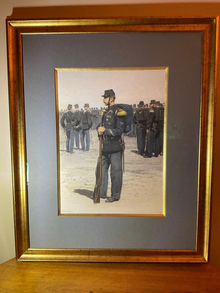 Polychrome Engraving Enhanced With Watercolor Representing A Sailor Of The Marine Infantry Full Dress Signed édouard Detaille.-photo-4