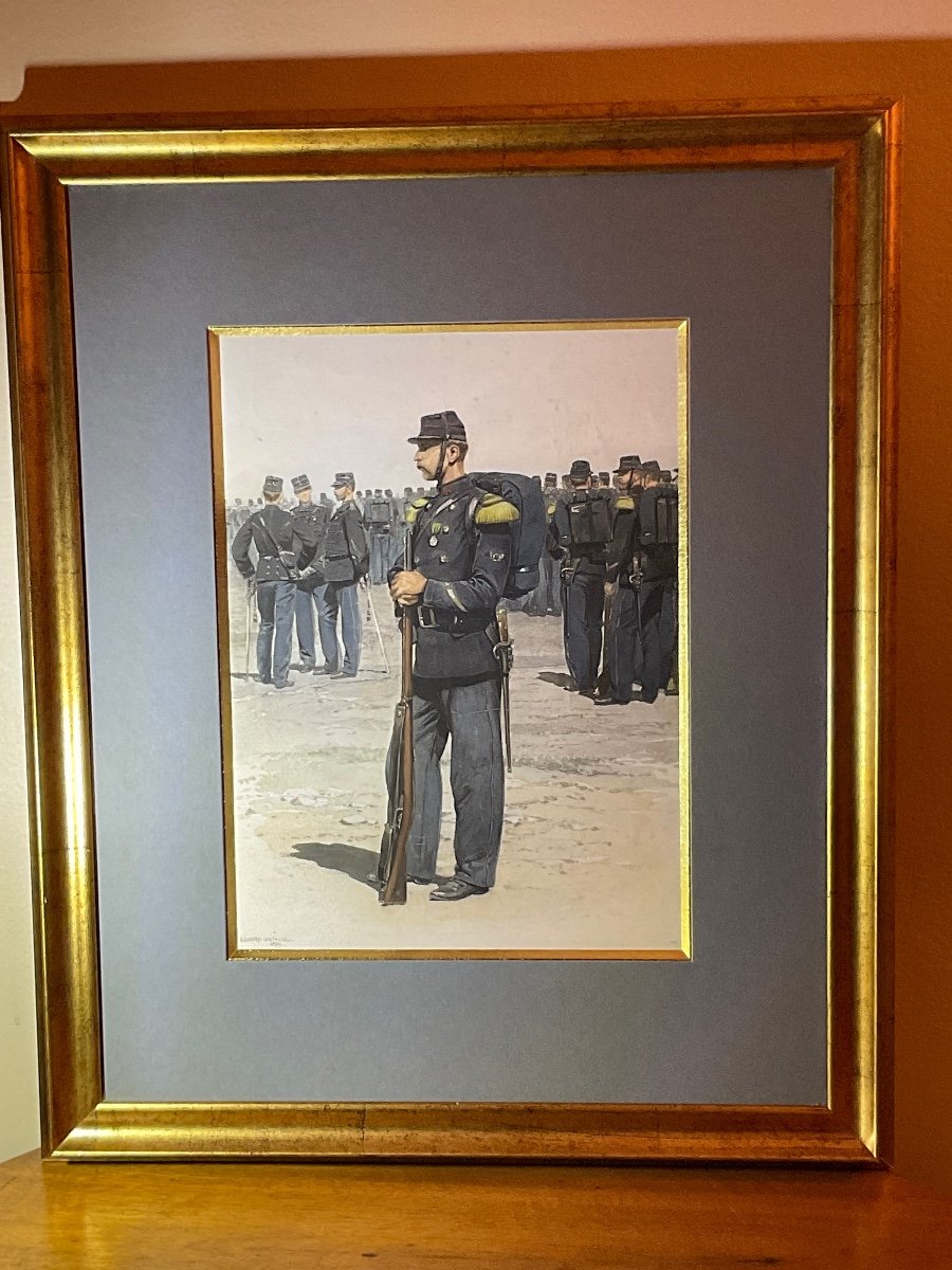 Gravure Polychrome Rehaussée D’aquarelle Représentant Un Marin de l’infanterie de Marine Grande Tenue Signé Édouard Detaille.-photo-8