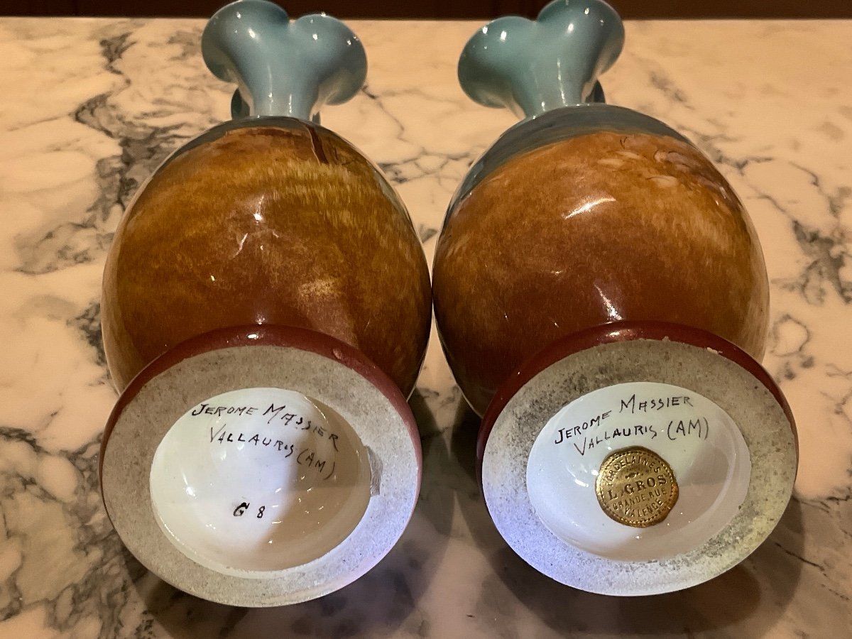 Jérôme Massier Pair Of Polychrome Vases With Ovoid Belly With Long Trilobed Neck Decor From The Abbey Of Lerrins On Saint-honorat Island.-photo-4