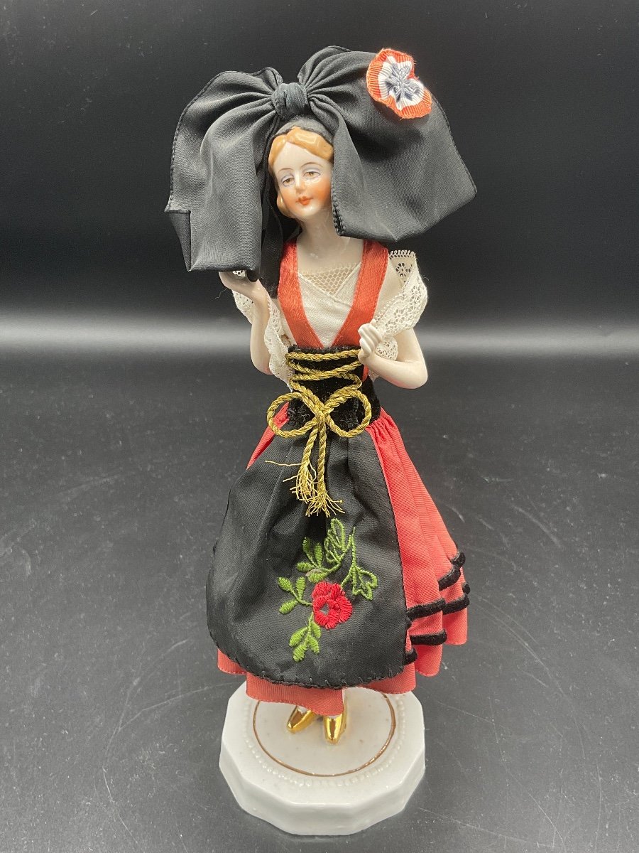 Half Complete Figurine In Polychrome Porcelain With Her Original Costume Representing An Alsatian Woman.
