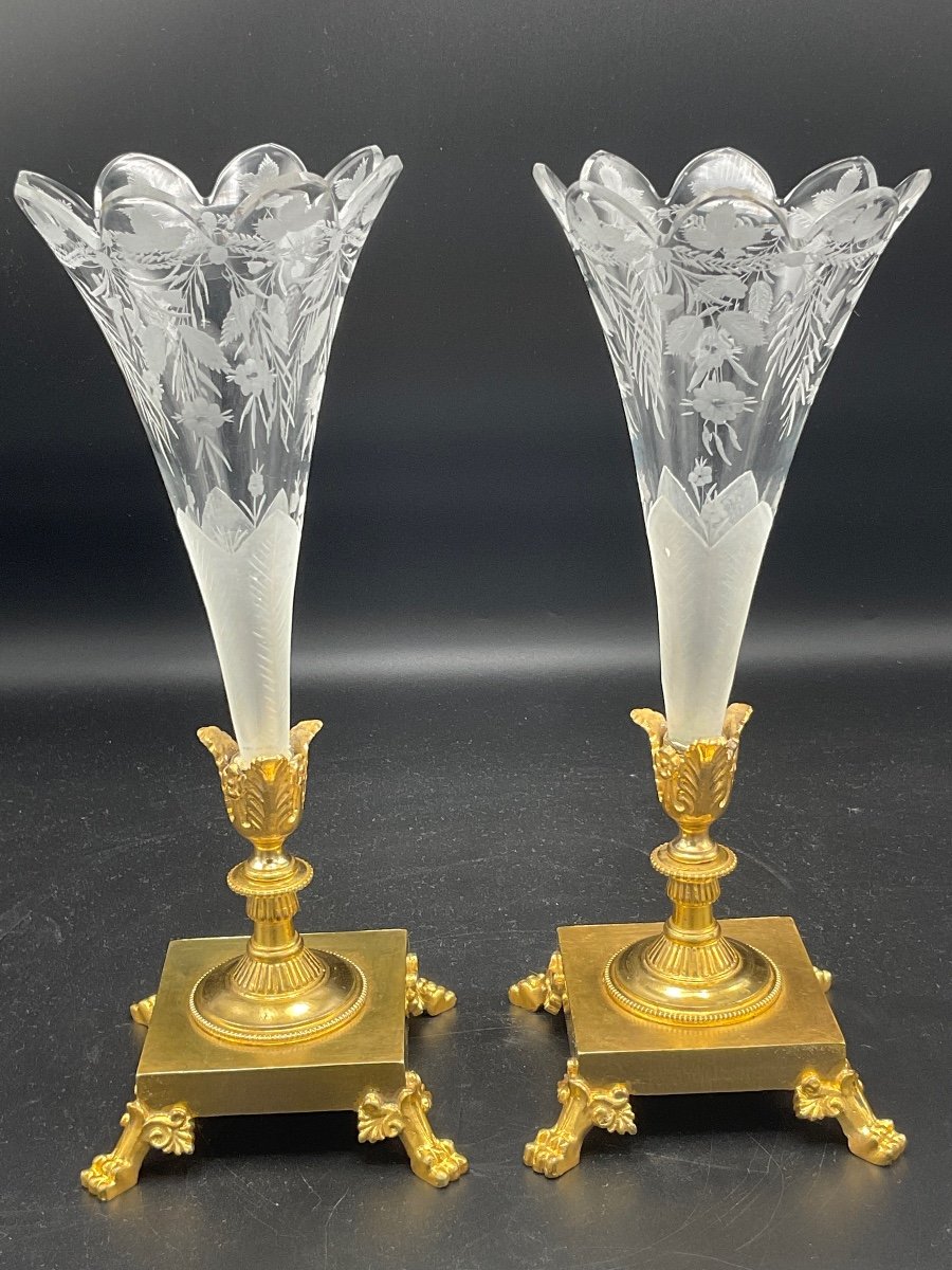 Pair Of Soliflore Vases In Polylobed Cornet Shape In Frosted Engraved Crystal With Floral Decor, Foliage Base In Gilded Bronze With Gold.