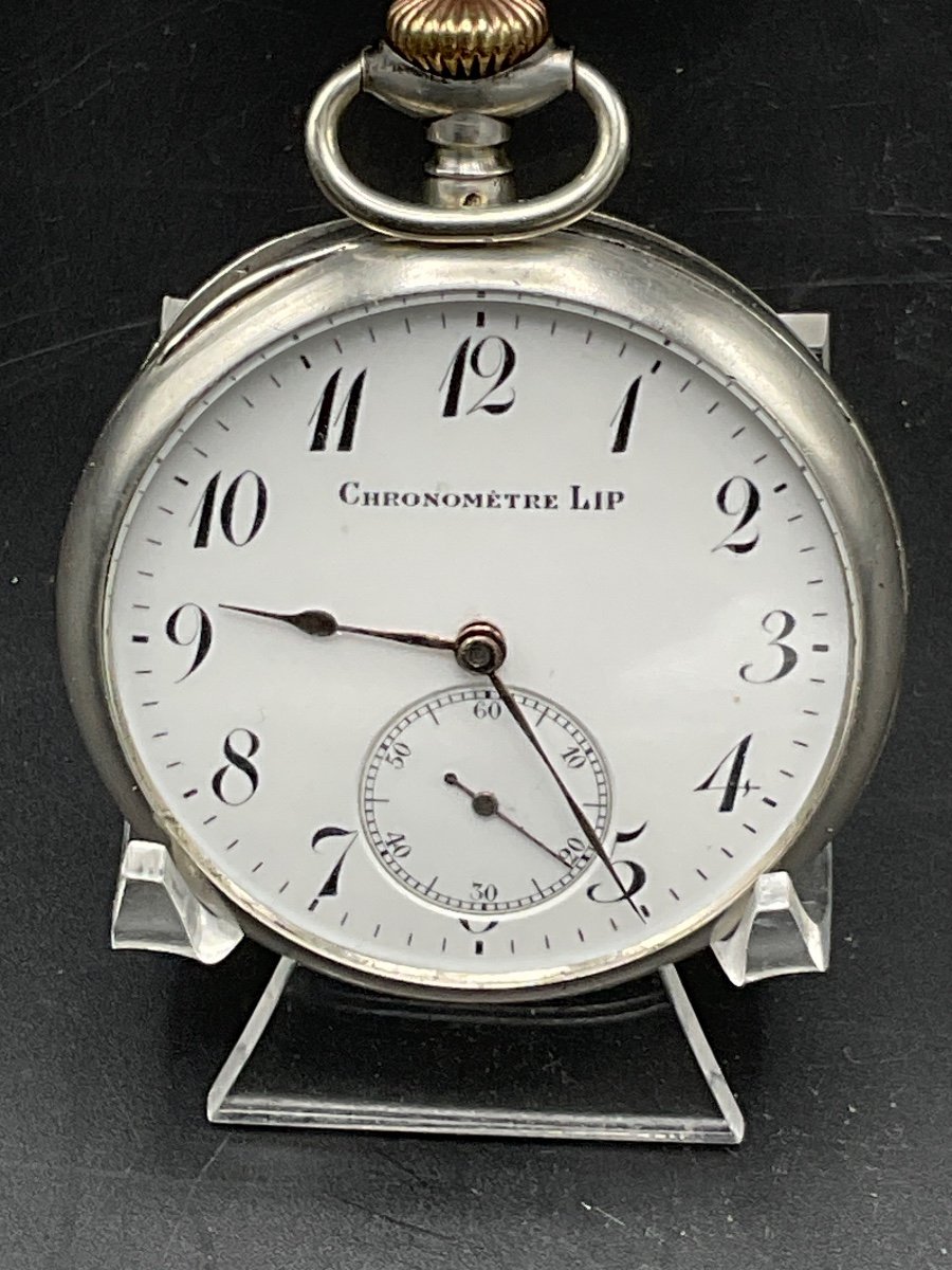 Pocket Watch Or Pocket Watch In Sterling Silver Lip Brand Decorated With Horizontal Line Scrolls Small Diamond Point Oval Medallion.-photo-4