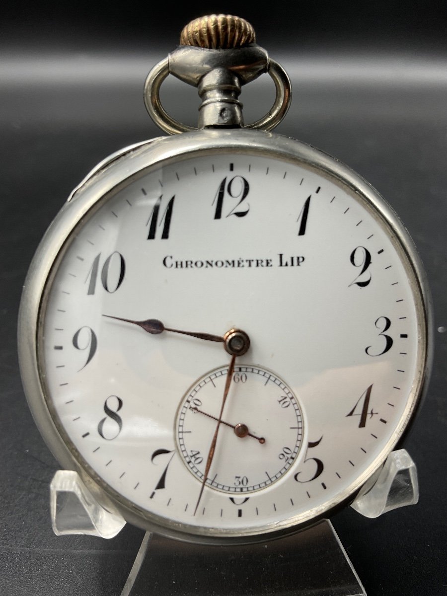 Pocket Watch Or Pocket Watch In Sterling Silver Lip Brand Decorated With Horizontal Line Scrolls Small Diamond Point Oval Medallion.-photo-7