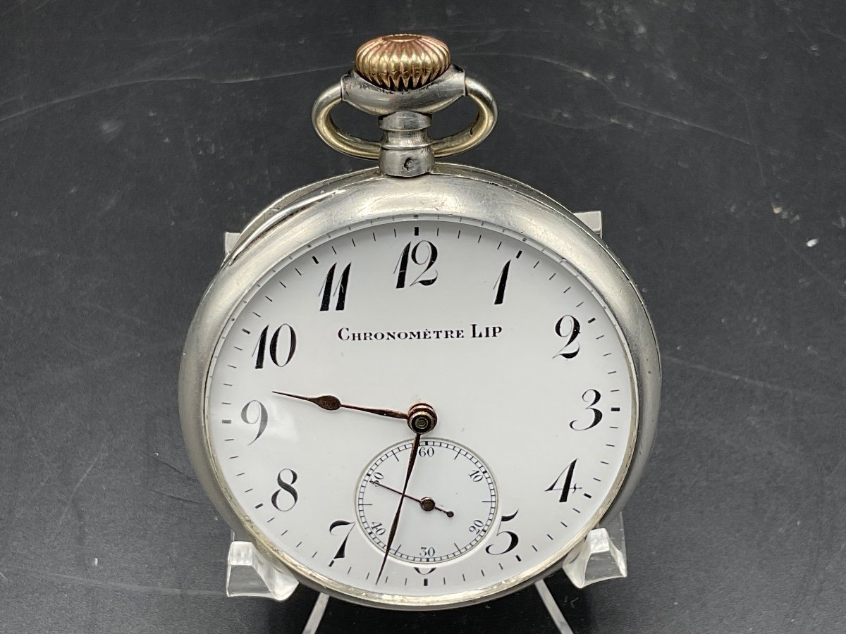 Pocket Watch Or Pocket Watch In Sterling Silver Lip Brand Decorated With Horizontal Line Scrolls Small Diamond Point Oval Medallion.-photo-8