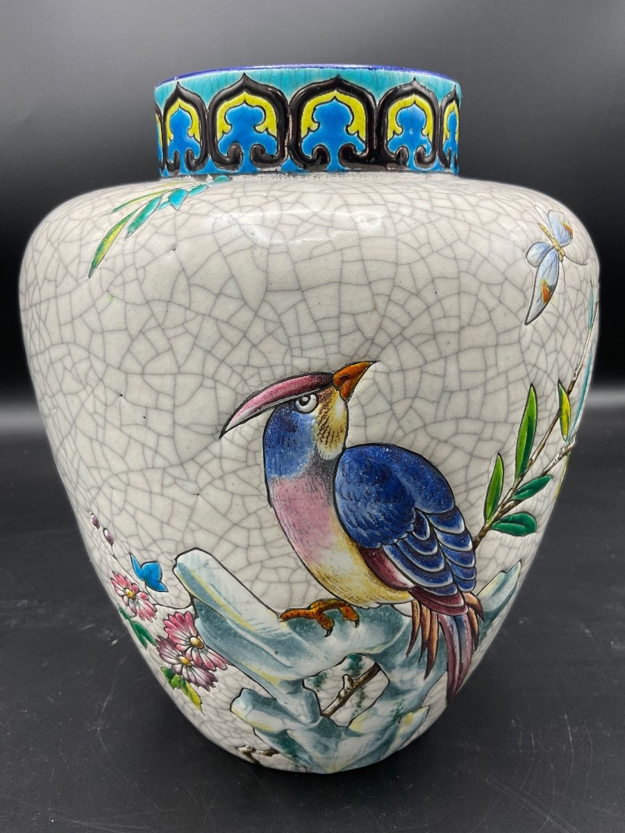 Polychrome Ball Vase In Longwy Enamels With Rotating Decor Of Butterfly Bird And Flowering Branches On White Background.-photo-2