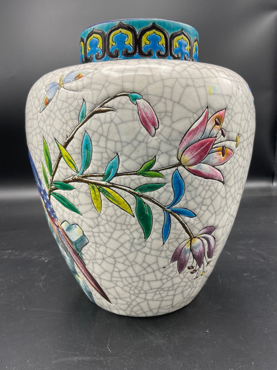 Polychrome Ball Vase In Longwy Enamels With Rotating Decor Of Butterfly Bird And Flowering Branches On White Background.-photo-3