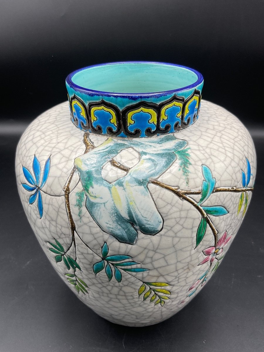 Polychrome Ball Vase In Longwy Enamels With Rotating Decor Of Butterfly Bird And Flowering Branches On White Background.-photo-1