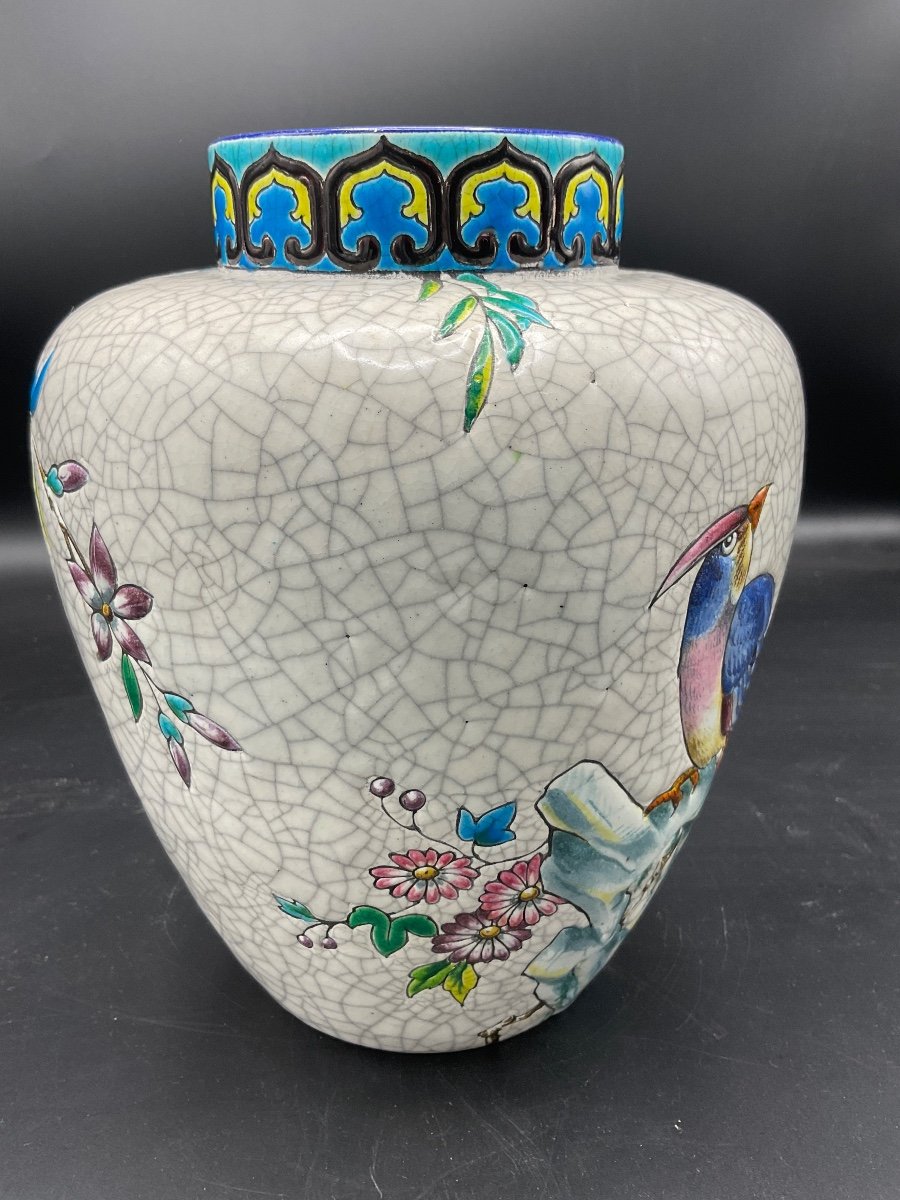 Polychrome Ball Vase In Longwy Enamels With Rotating Decor Of Butterfly Bird And Flowering Branches On White Background.-photo-3