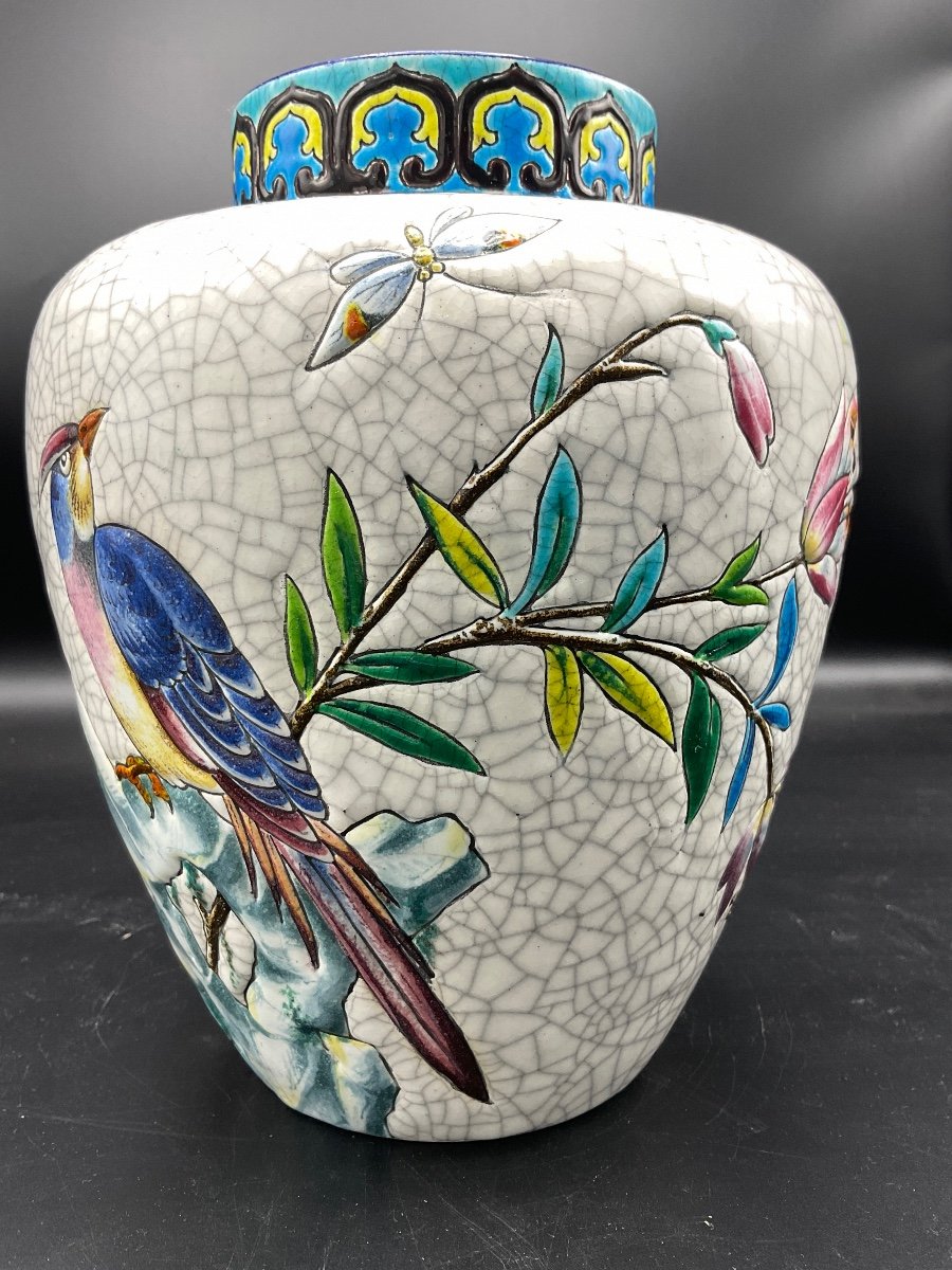 Polychrome Ball Vase In Longwy Enamels With Rotating Decor Of Butterfly Bird And Flowering Branches On White Background.-photo-4