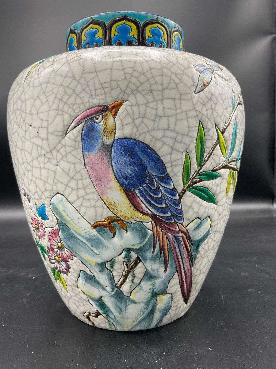 Polychrome Ball Vase In Longwy Enamels With Rotating Decor Of Butterfly Bird And Flowering Branches On White Background.-photo-5